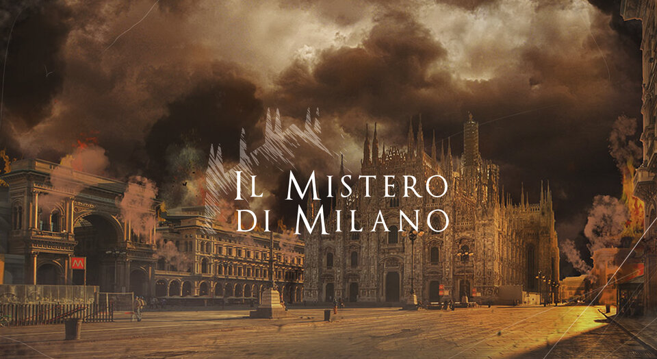Piazza del Duomo di Milano avvolta dal fumo sotto un cielo in tempesta, con la scritta «Il Mistero di Milano».