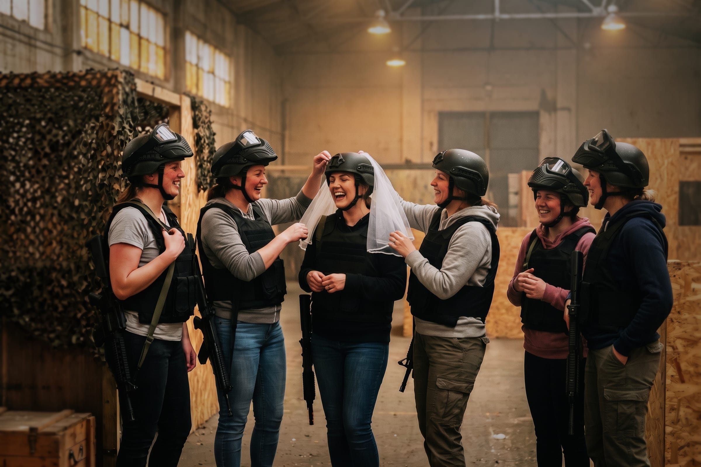 Un gruppo di amiche in tenuta da gioco ride intorno alla sposa, che porta un velo bianco sopra il casco.