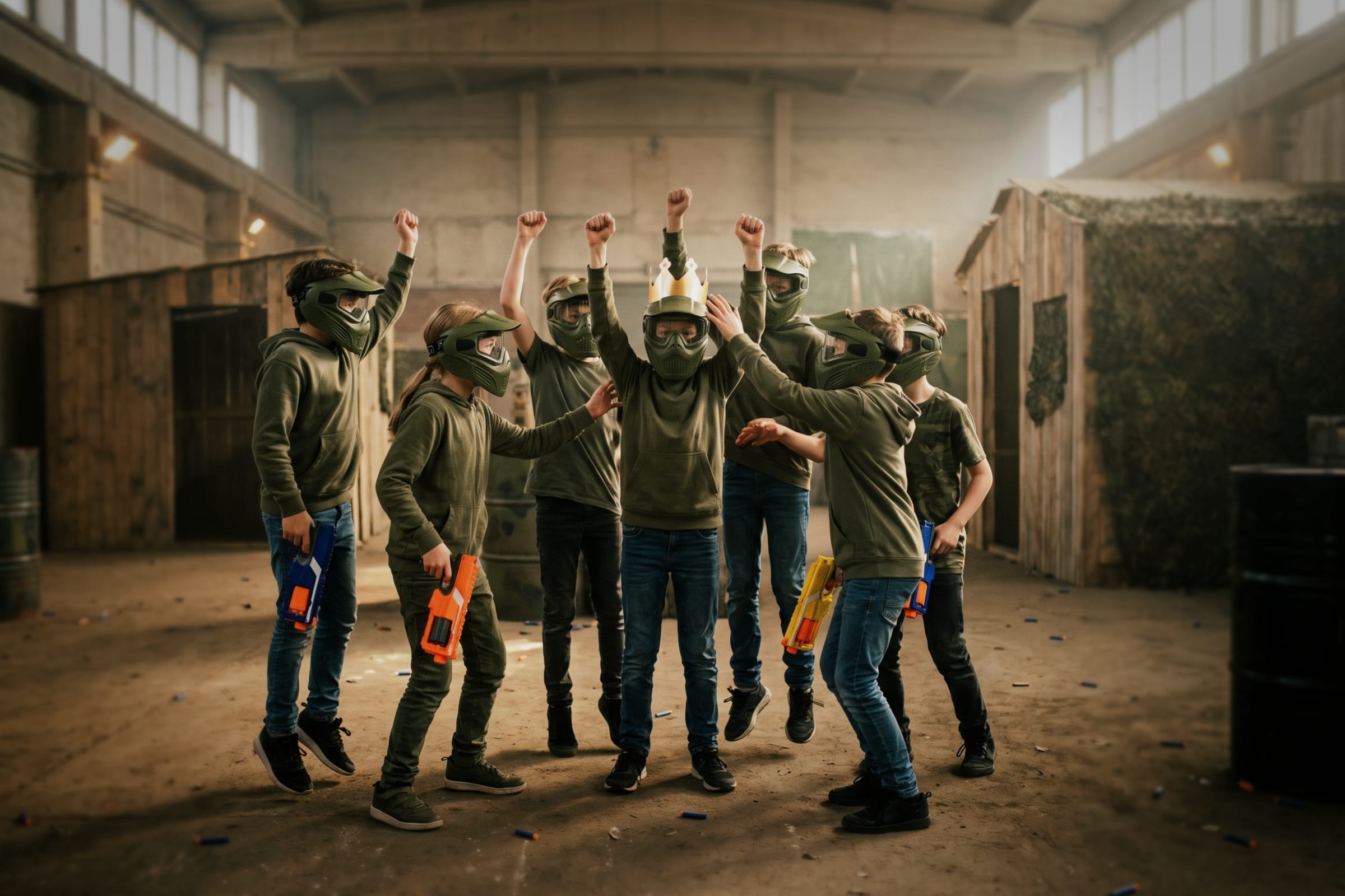 Ragazzi con maschera protettiva e blaster in gommapiuma festeggiano a braccia alzate; il festeggiato porta una corona di carta.