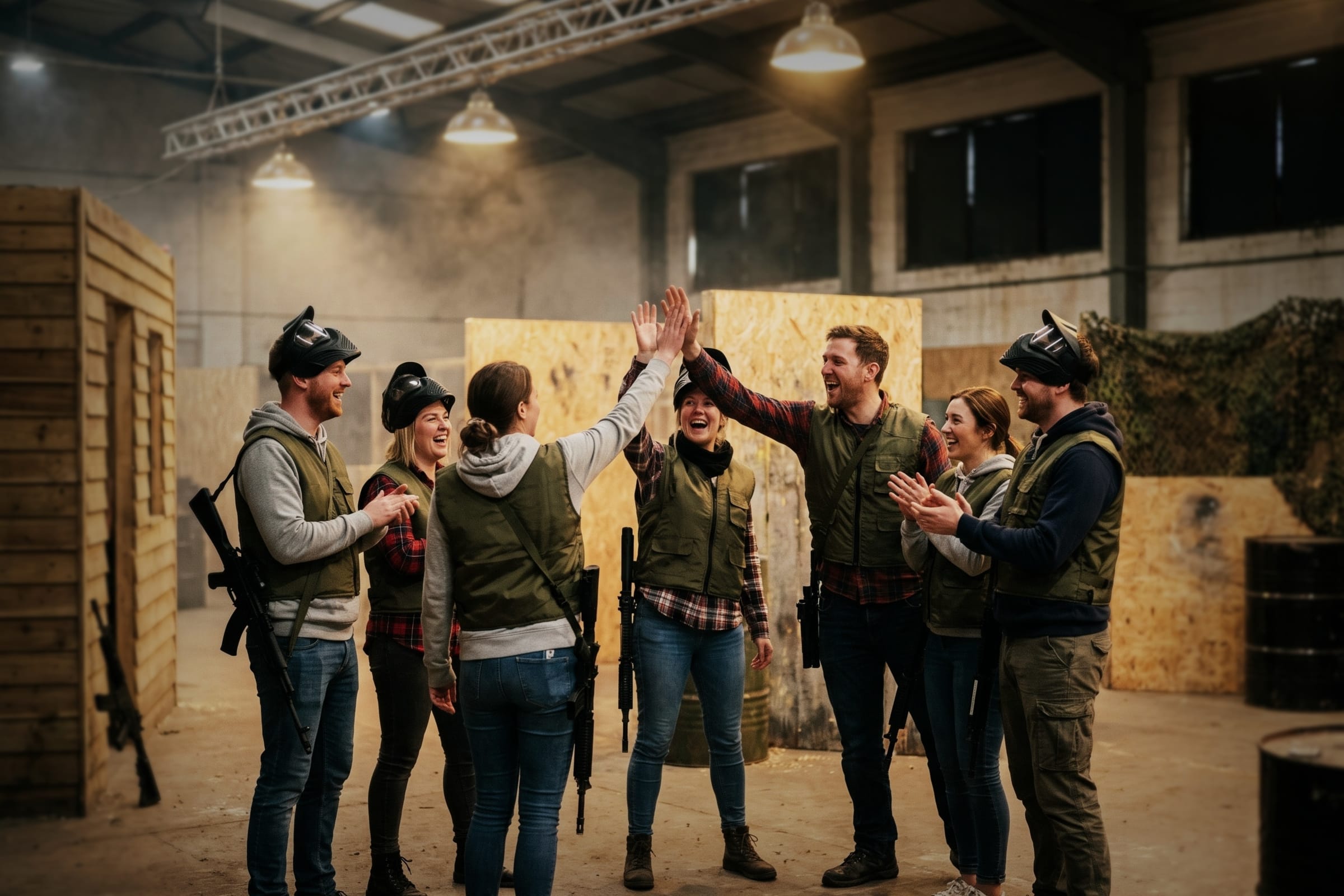 Un gruppo di amici e amiche in gilet da gioco, con i fucili replica a tracolla, si dà il cinque ridendo tra le barricate di legno dell'arena al coperto.