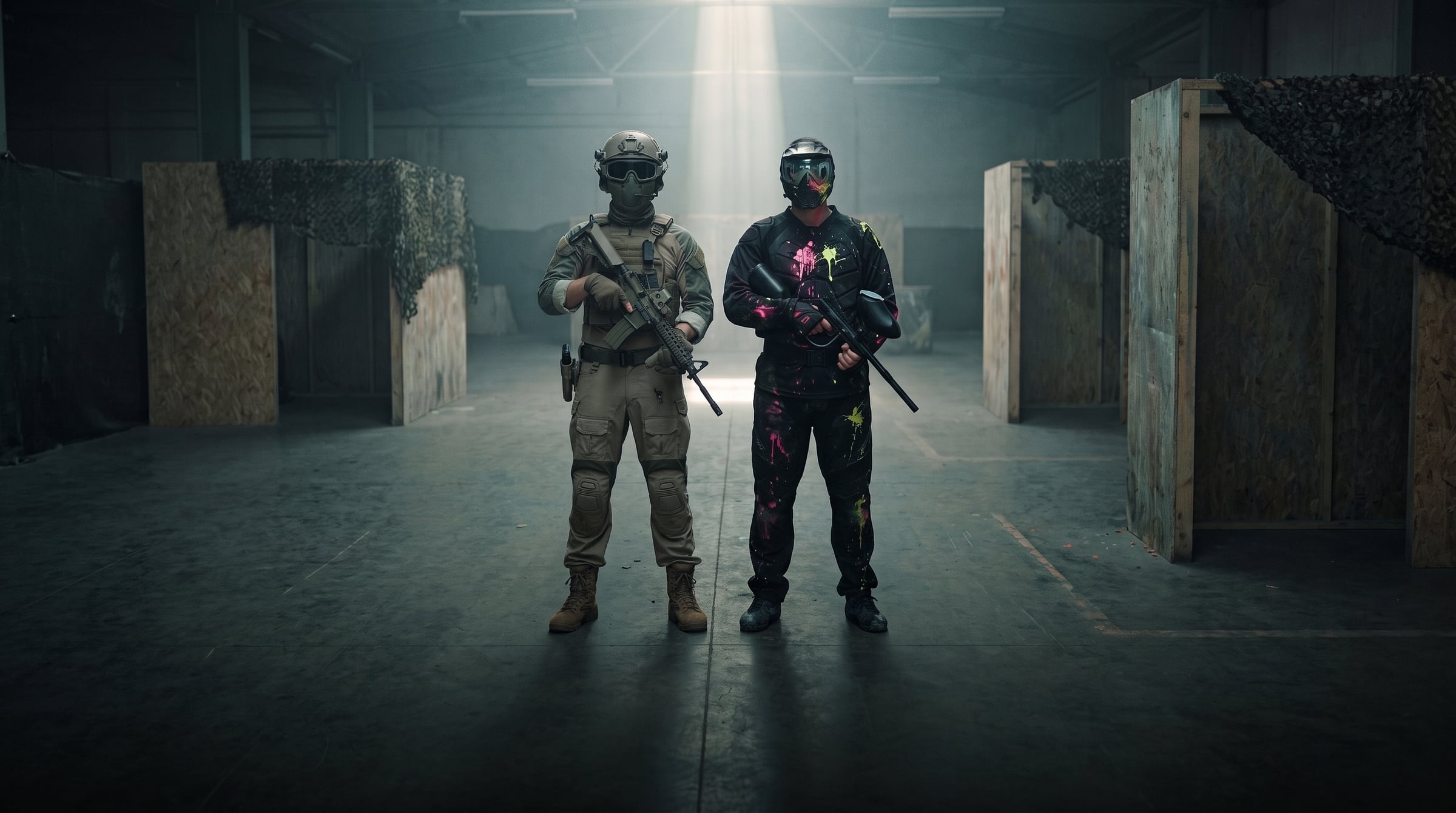 Un giocatore di softair in tenuta tattica pulita accanto a un giocatore di paintball coperto di macchie di vernice, in un'arena indoor.