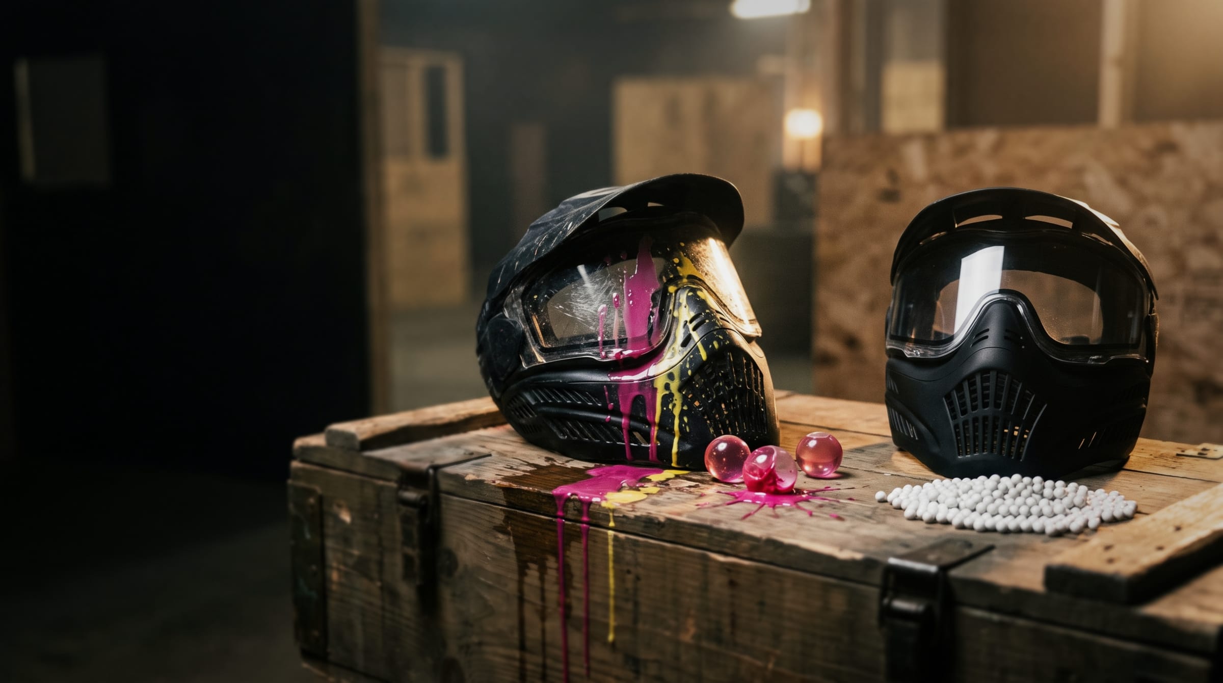 Su una cassa di legno, una maschera da paintball sporca di vernice con tre sfere da 17 mm accanto a una maschera da softair pulita e a un mucchio di pallini bianchi da 6 mm.